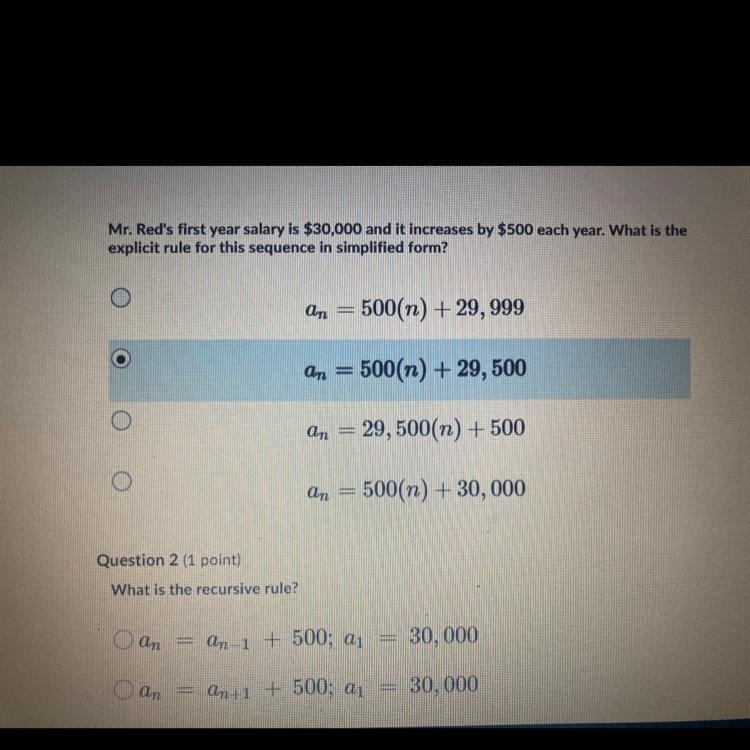 Mr. Red's first year salary is $30,000 and it increases by $500 each year. What is-example-1