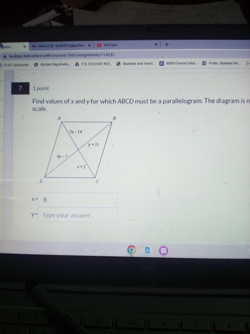 Please help me! Find the value of X&Y for which ABCD must be a parallelogram!-example-1