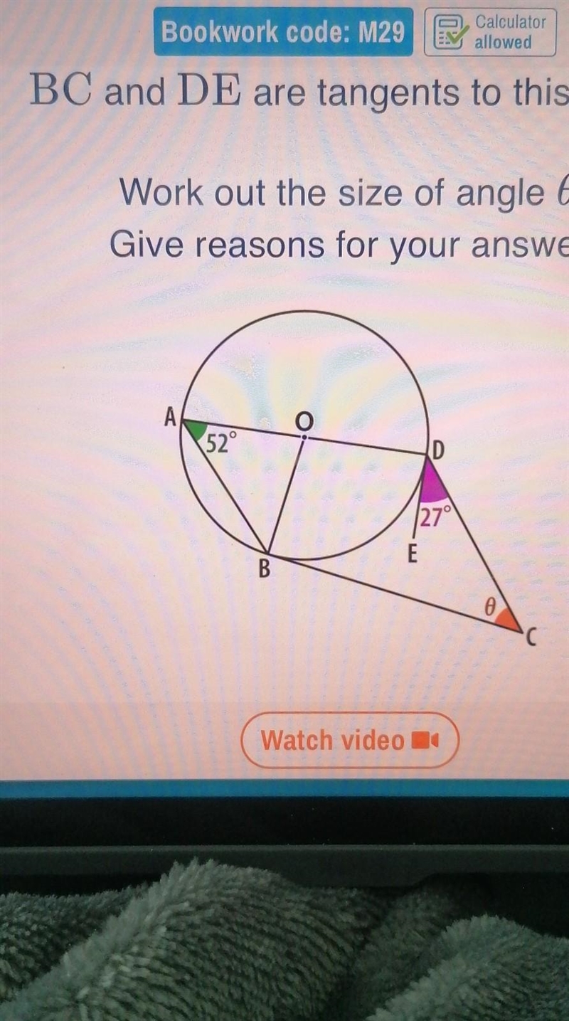 BC and DE are tangents to this circle. Work out the size of angle 0. Give reasons-example-1