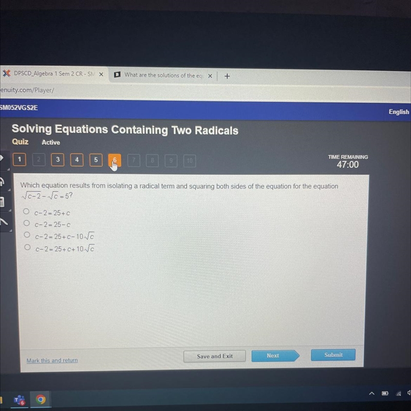 Which equation results from isolating a radical term and squaring both sides of the-example-1