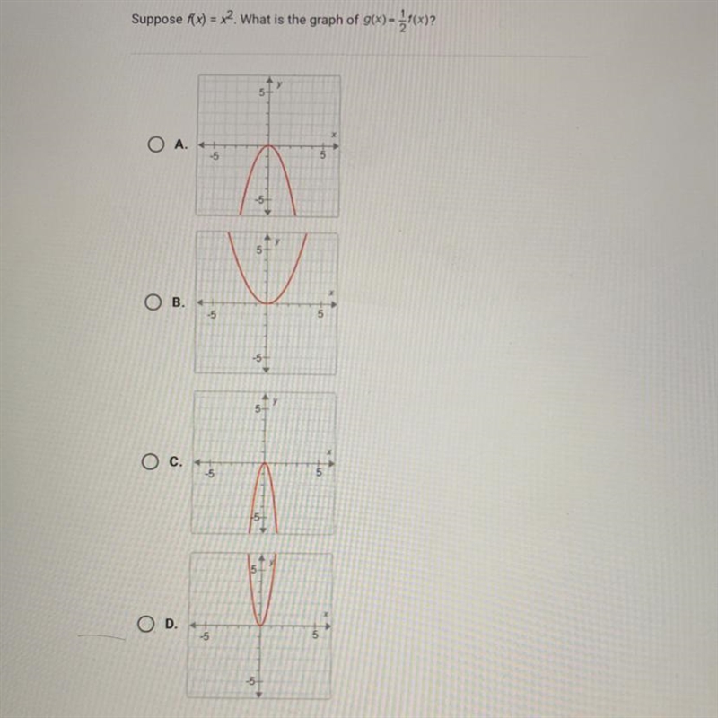 Someone please help me out Suppose f(x) = x². What is the graph of g(x)=f(x)? O A-example-1