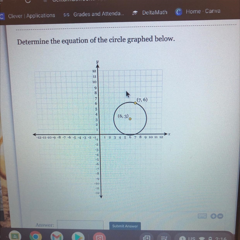 Determine the equation of the circle graphed below.-example-1