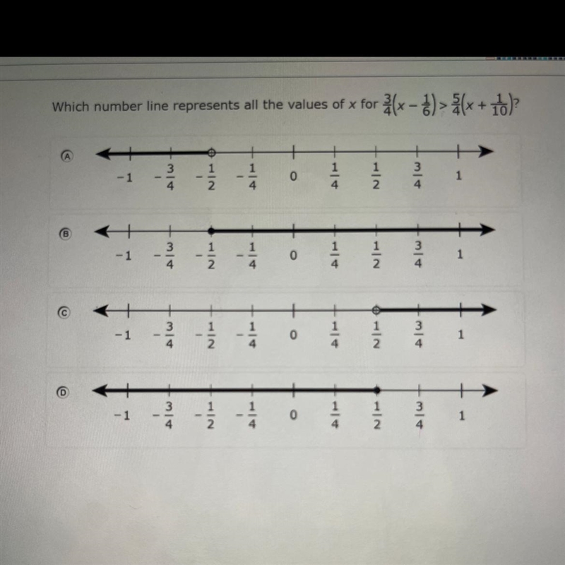 Which number line represents of the values of x for 3/4(x-1/6)>5/4(x+1/10)?-example-1