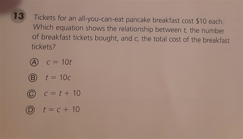 Tickets for an all-you-can-eat pancake breakfast cost $10 each. Which equation shows-example-1