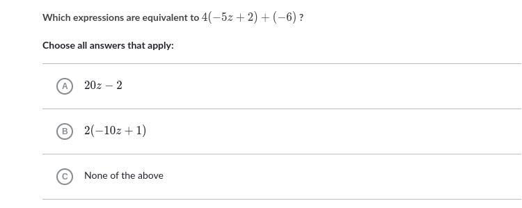 What is 4(-5z+2)+(-6)-example-1