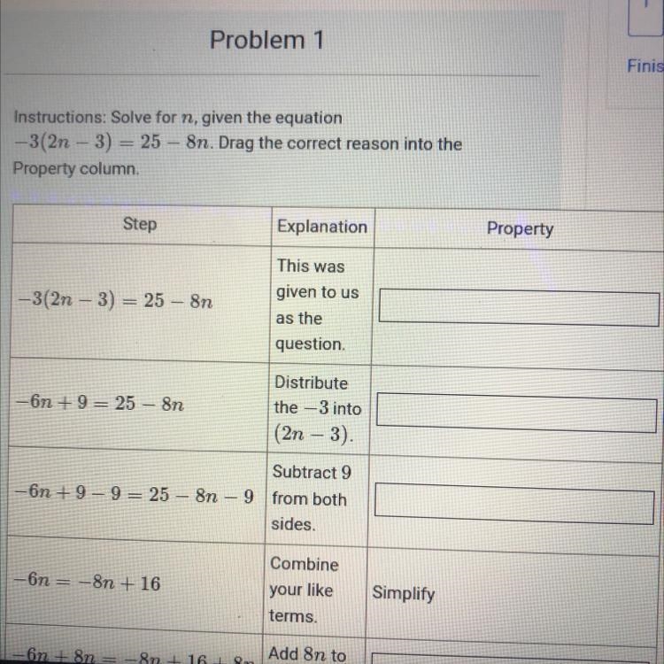 Instructions solve n given the equation -3(2n-3)=25 -8n-example-1