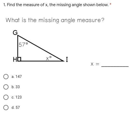 Find the measure of x, the missing angle shown below.-example-1