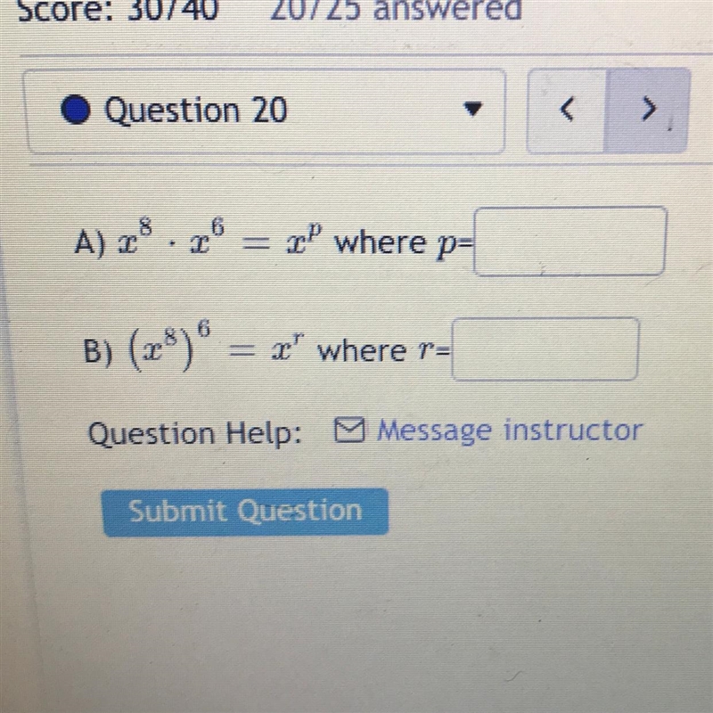 A) x^8 • x^6 = x^p, where is p= B) (x^8)^6 = x^r, where is r-example-1