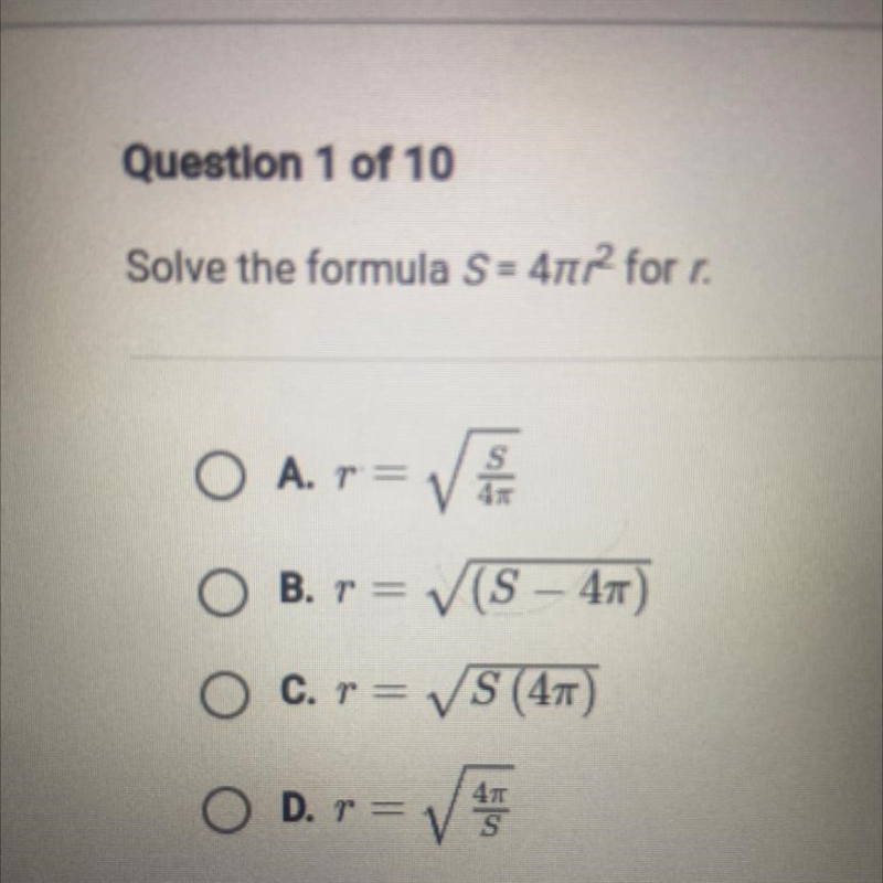 Solve the formula S = 47tr2 for r.-example-1