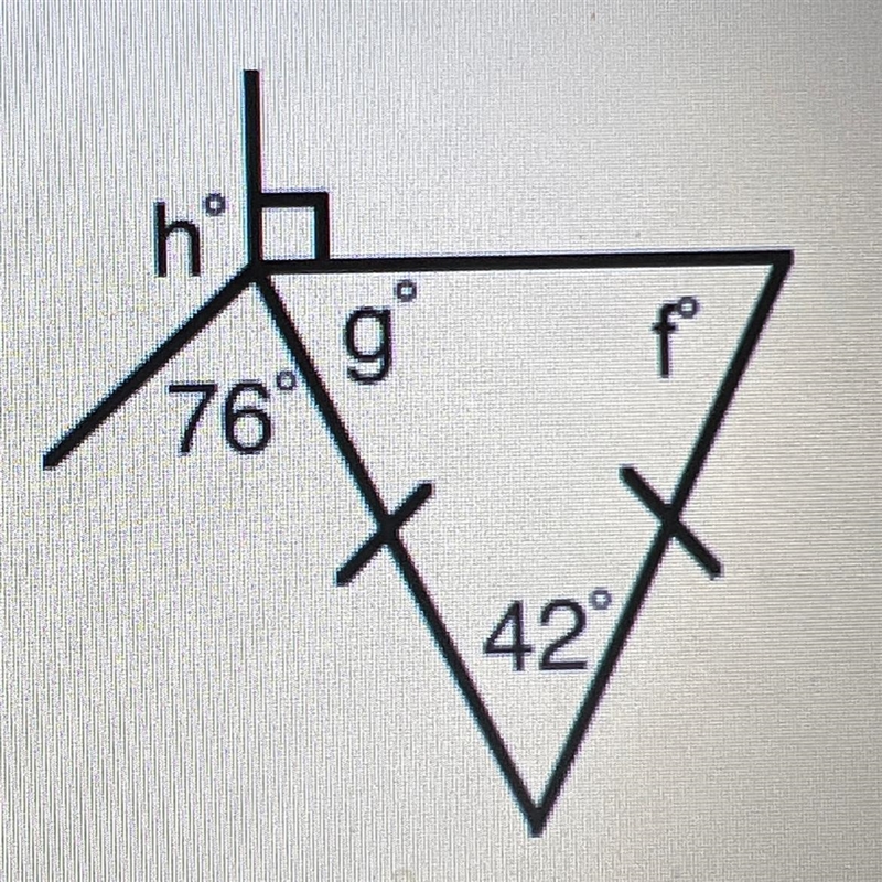 Determine the measure of each missing angle: Angle f= 69 Angle g= 69 Angle h= ?? I-example-1