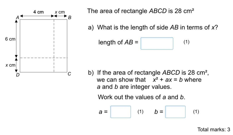 The area of the rectangle ABCD is 28cm^(2) a) What is the length of side AB in terms-example-1