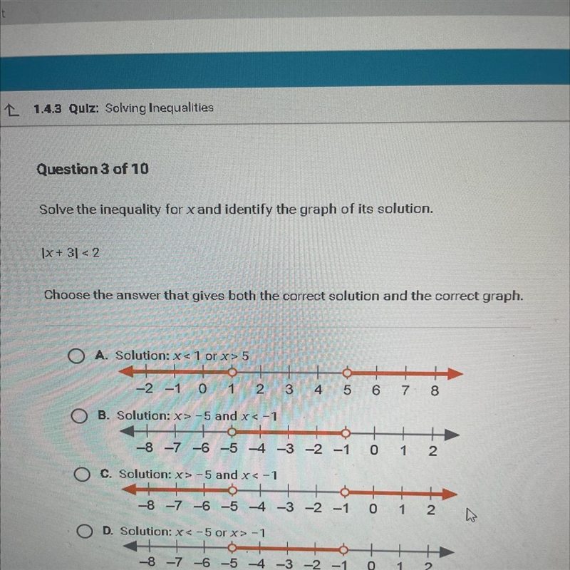 Solve the inequality for x and identify the graph of its solution. |x + 3| < 2-example-1