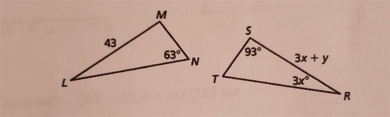 Please help: in the figure, ∆LMN ≅ ∆RST. find the values of x and y​-example-1