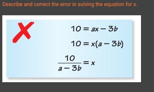 Describe and correct the error in solving the equation for x.-example-1