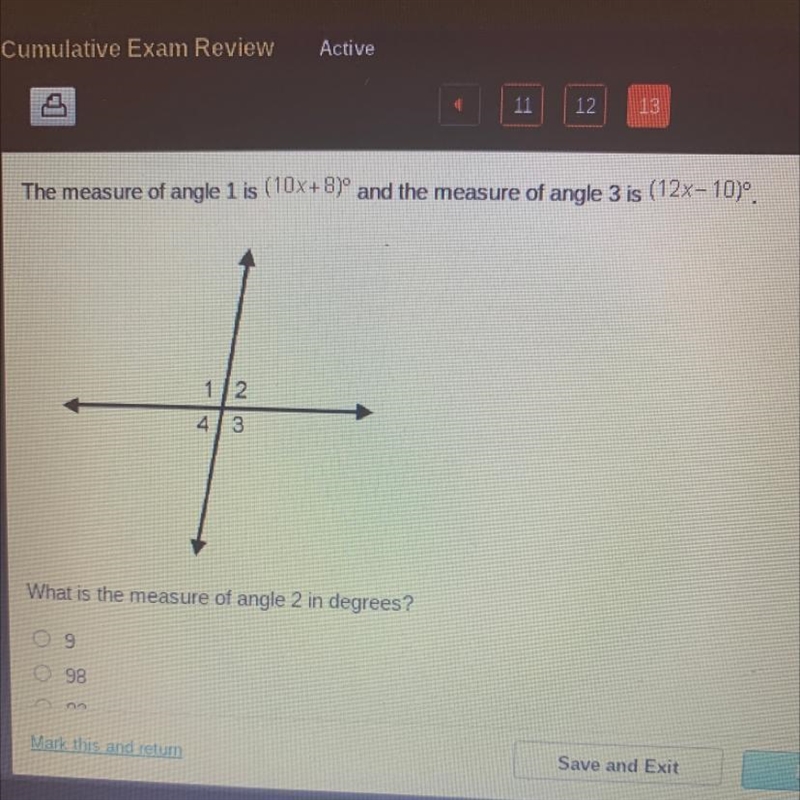 The measure of angle 1 is (10x+8)° and the measure of angle 3 is (12x- 10)°. What-example-1