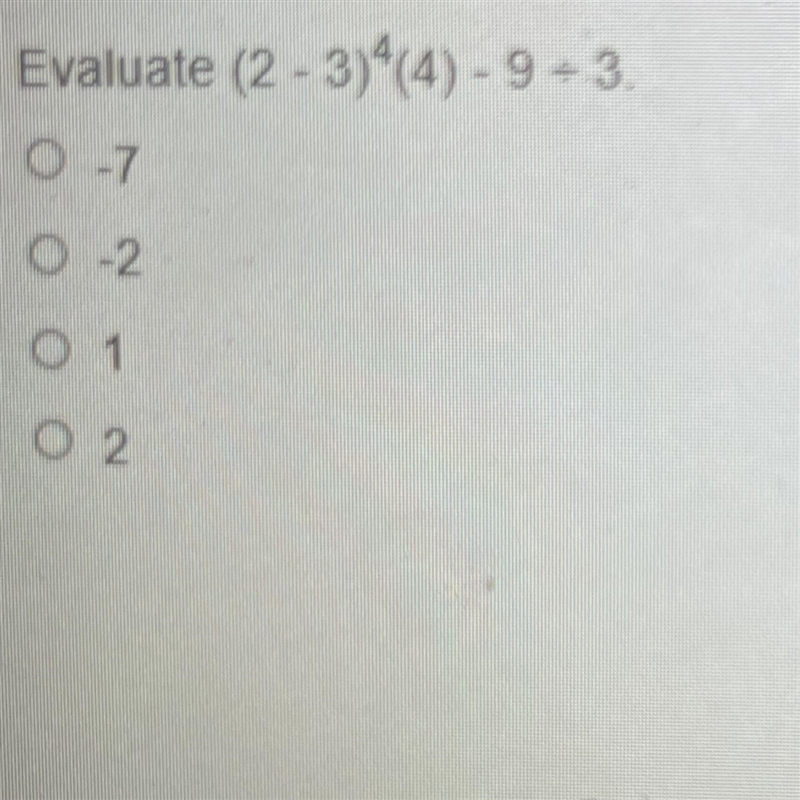 Evaluate (2-3)^(4) - 9 = 3. 0-7 0-2 0 1 02-example-1