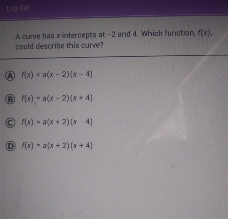 A curve has x-intercepts at -2 and 4. Which function, f(x). could describe this curve-example-1