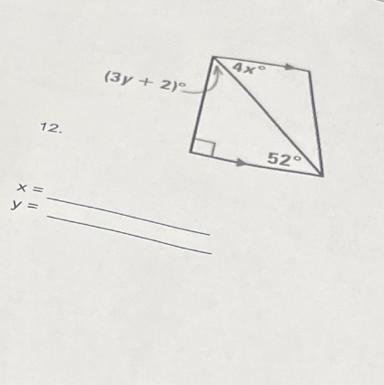 X = y = (3y + 2) 4x° 52°-example-1