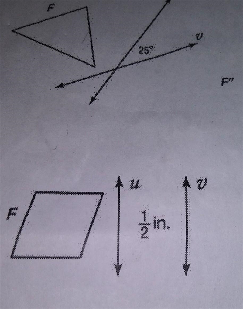 Copy and reflect each figure F in line u and then line v. Then describe a single transformation-example-1