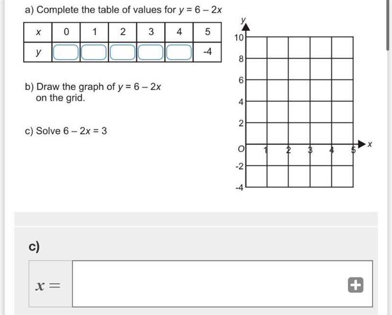 Complete the table of values for y = 6 - 2x Please answer all the questions in the-example-1