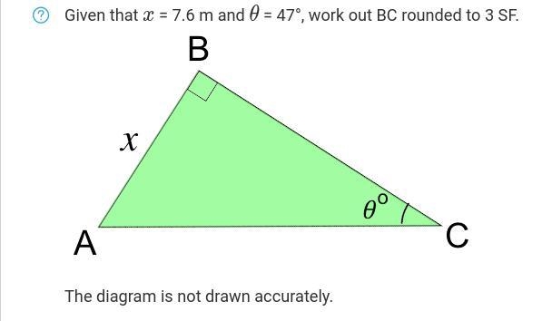 Given that x = 7.6 m and θ = 47°, work out BC rounded to 3 SF.-example-1