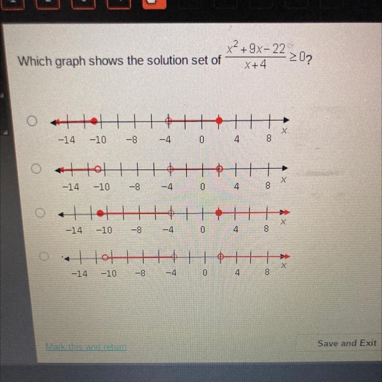 X2 +9 x- 22, Which graph shows the solution set of 20? ○ 이 HoHHHHHHH | -10 -8 -4 0 4 8 OO-example-1