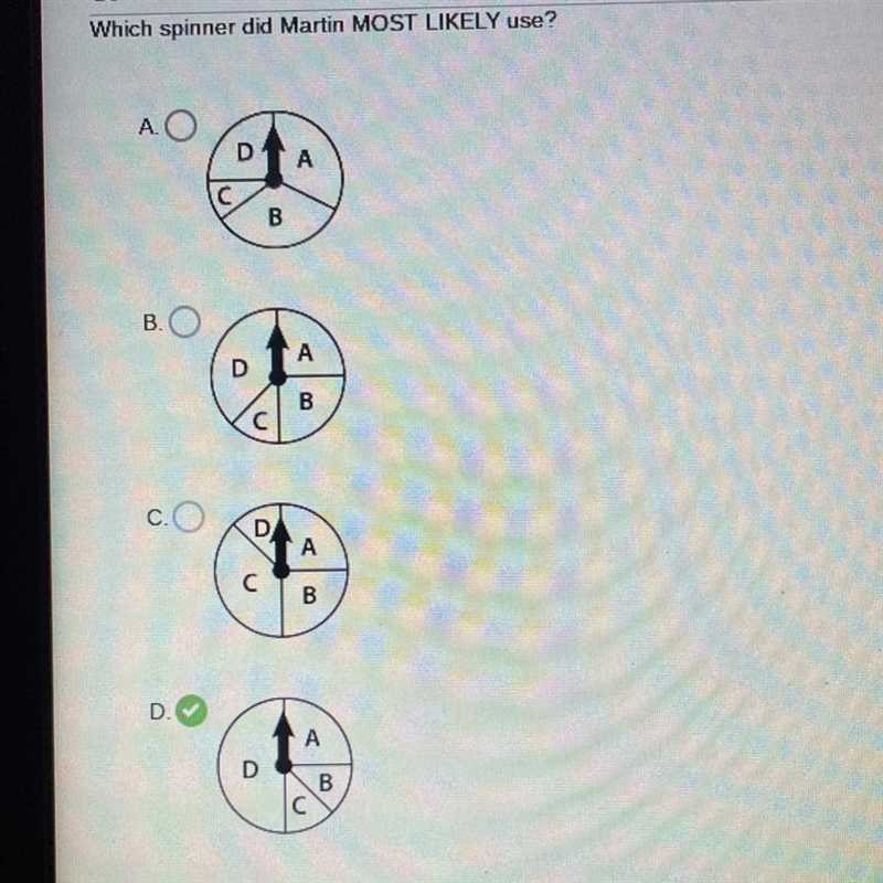 Martin spun the arrow on a spinner 200 times. His results are shown in the table. SPINNER-example-1