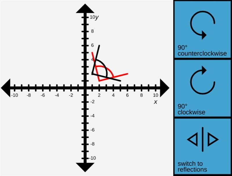 Rotate the angle 90° counterclockwise. Then, translate it left 3 units. Finally, reflect-example-2