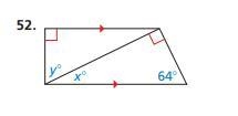 Find x and y. 90 degree angles & 64 degrees with x degree and y degree on other-example-1