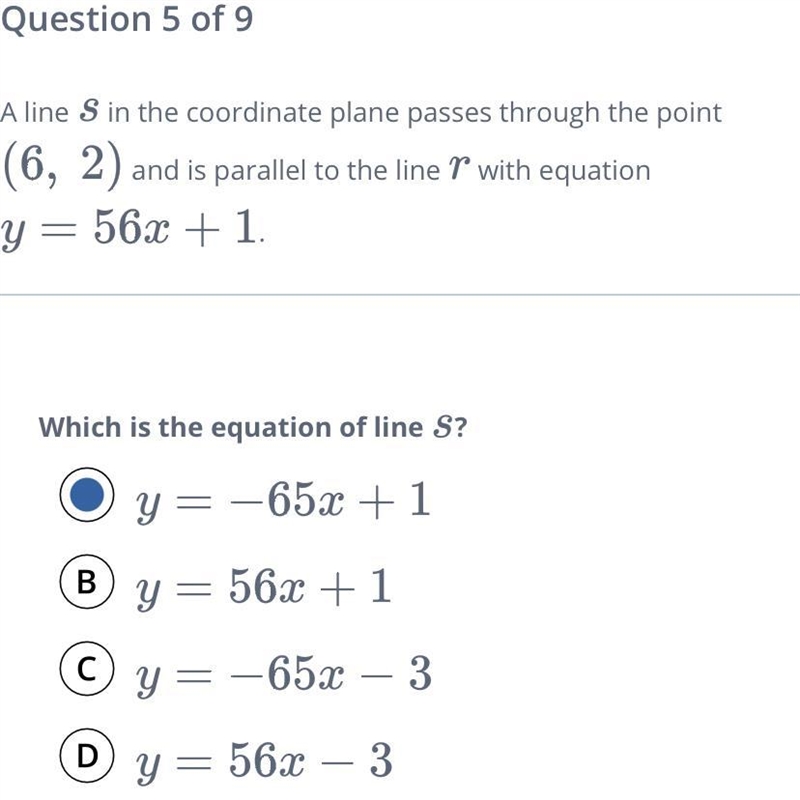 stion 5 of 9A line in the coordinate plane passes through the point and is parallel-example-1