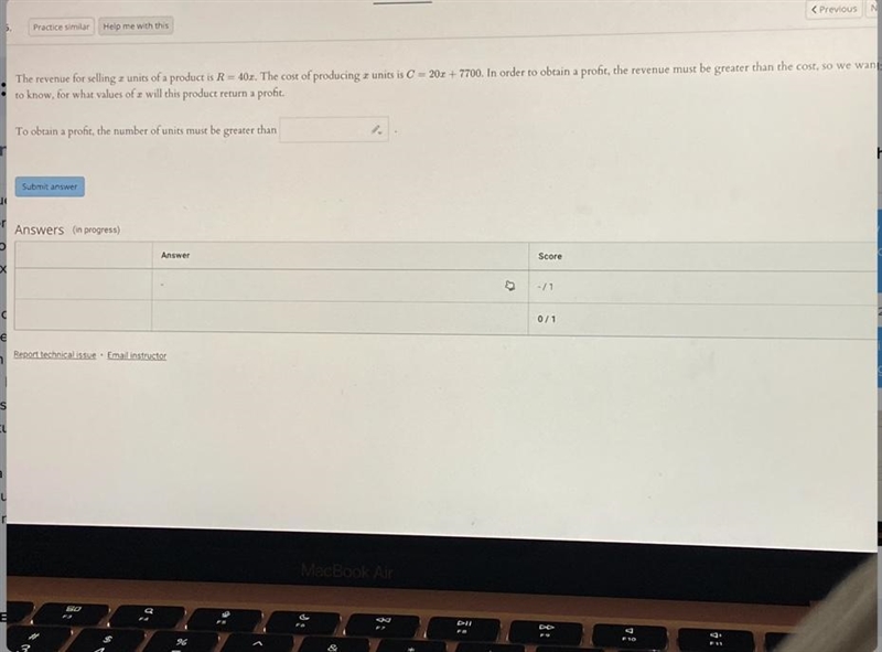 The revenue for selling a units of a product is R = 40x. The cost of producing x units-example-1