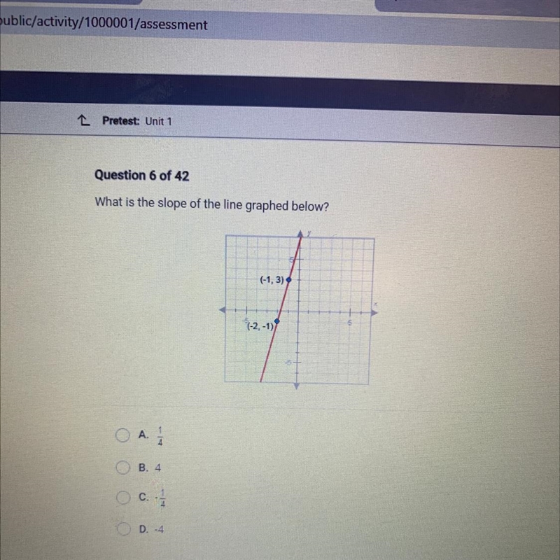 What is the slope of the line graphed below? О А. 1/4 OB. 4 OC -1/4 D. -4-example-1