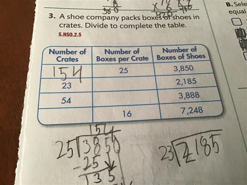 A shoe company packs boxes of shoes in crates, divide to complete the table-example-1