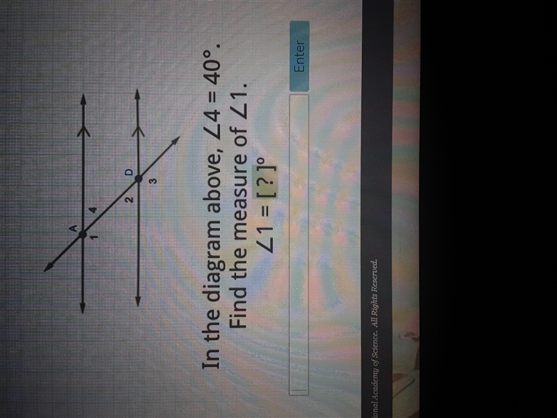 In the diagram above, angle 4 is 40. Find the measure of angle 1-example-1