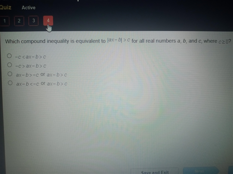 which compound inequality is equivalent to |ax-b| > c for all real numbers a, b-example-1