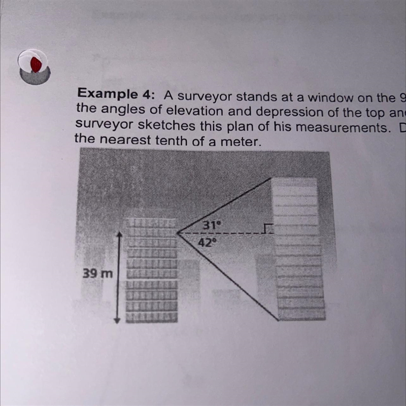 A surveyor stands at a window on the 9th floor of an office tower. He measures the-example-1