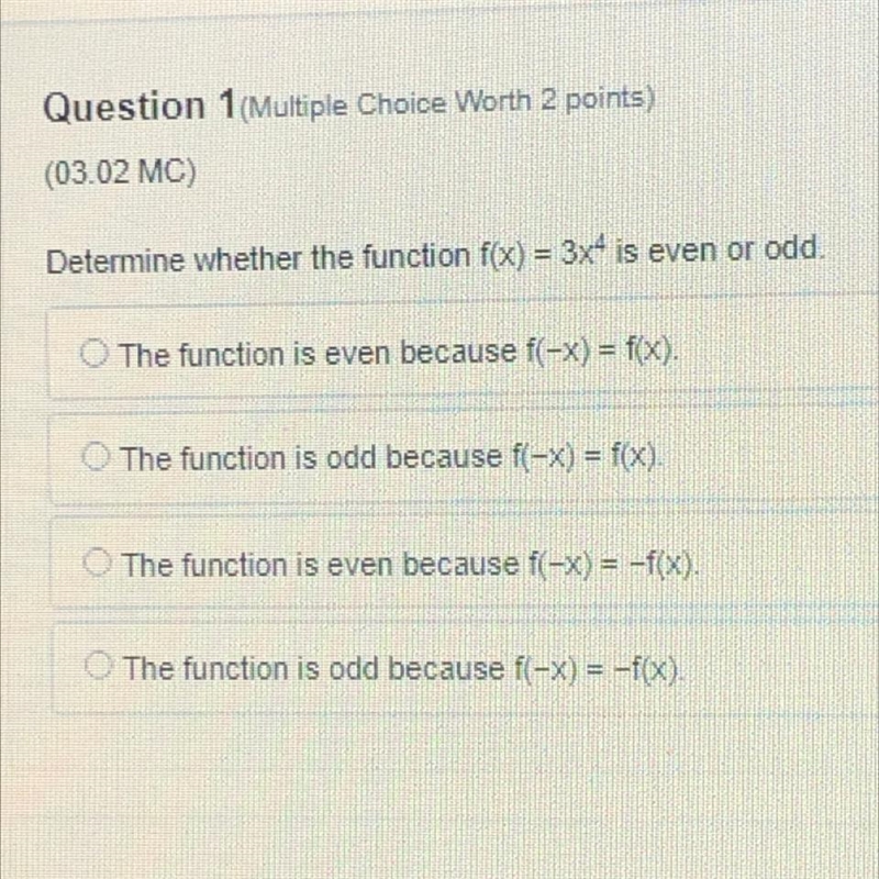 Determine whether the function f(x) = 3x is even or odd. The function is even because-example-1