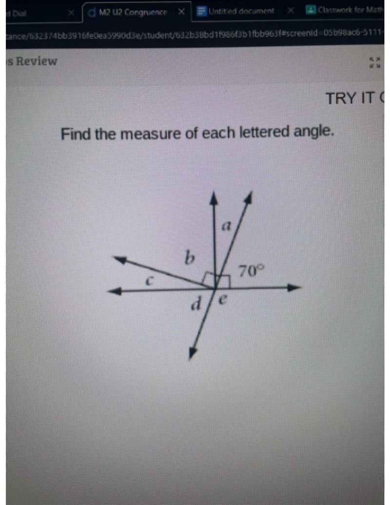 Find the measure of each lettered angle. a=, b=, c=, d=, e=-example-1