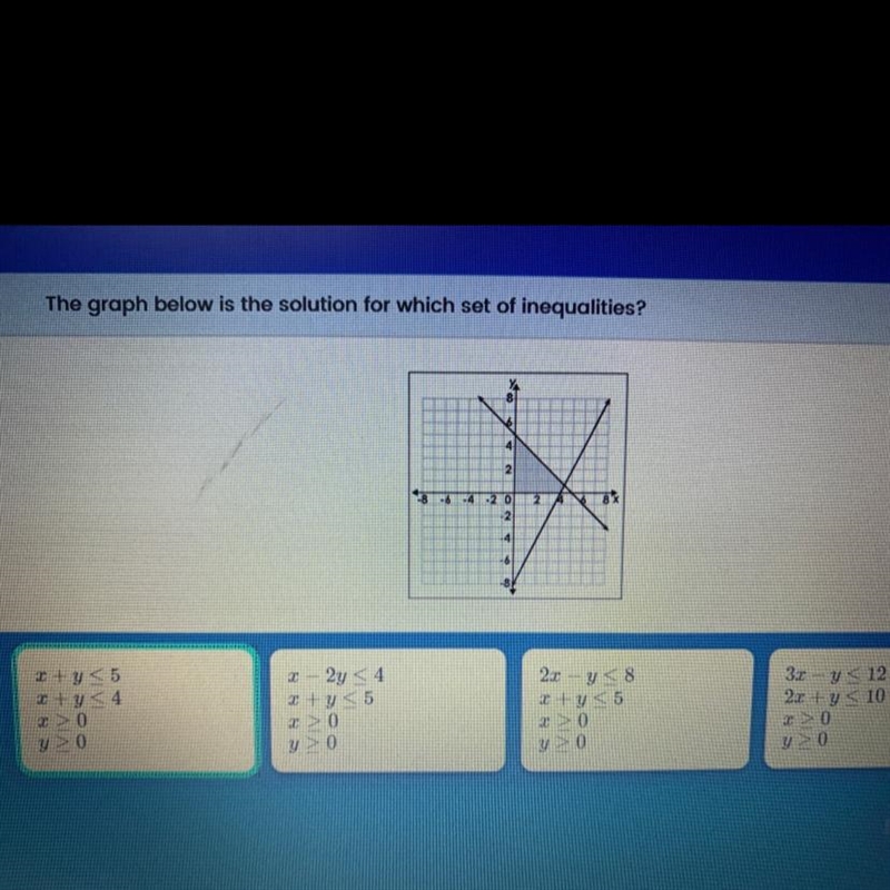 The graph below is the solution for which set of inequalities? M NONTOR 14.20 2 4 2 + y-example-1