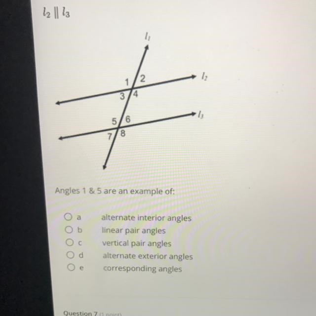 12 | 13 1 3/4 5/6 7/8 li 2 Angles 1 & 5 are an example of: 1₂ 13-example-1