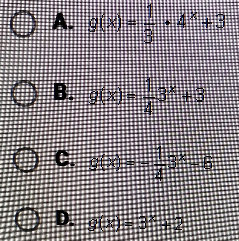 The graph of f(x) = (1/4)3^x - 6 is shown below. g(x) is a transformation of f(x).How-example-2