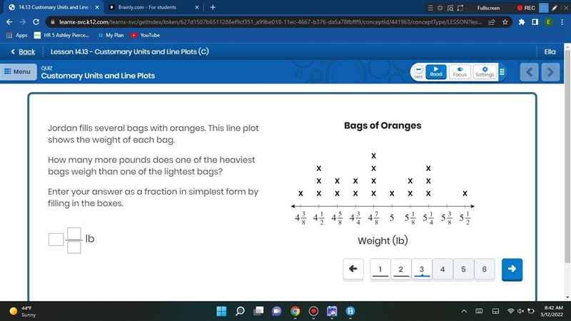 Jordan fills several bags of oranges . This line plot shows the wait of each bag. How-example-1