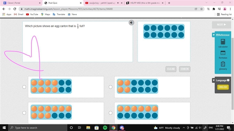 Q: Which picture shows an egg carton that is 1/2 full?-example-1