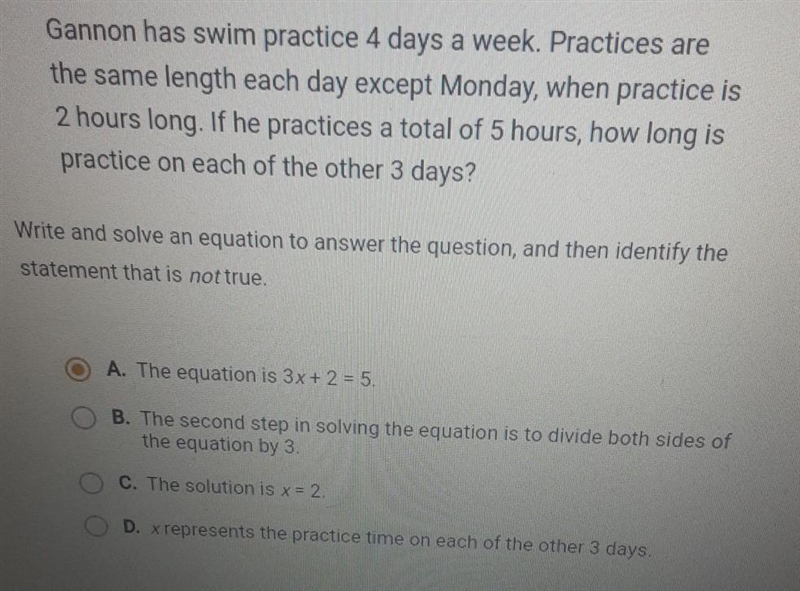 Gannon has swim practice 4 days a week. practices are the same length each day except-example-1