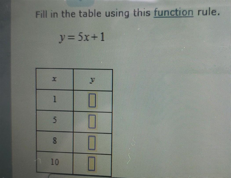 Fill in the table using this function rule. y = 5x=+1​-example-1