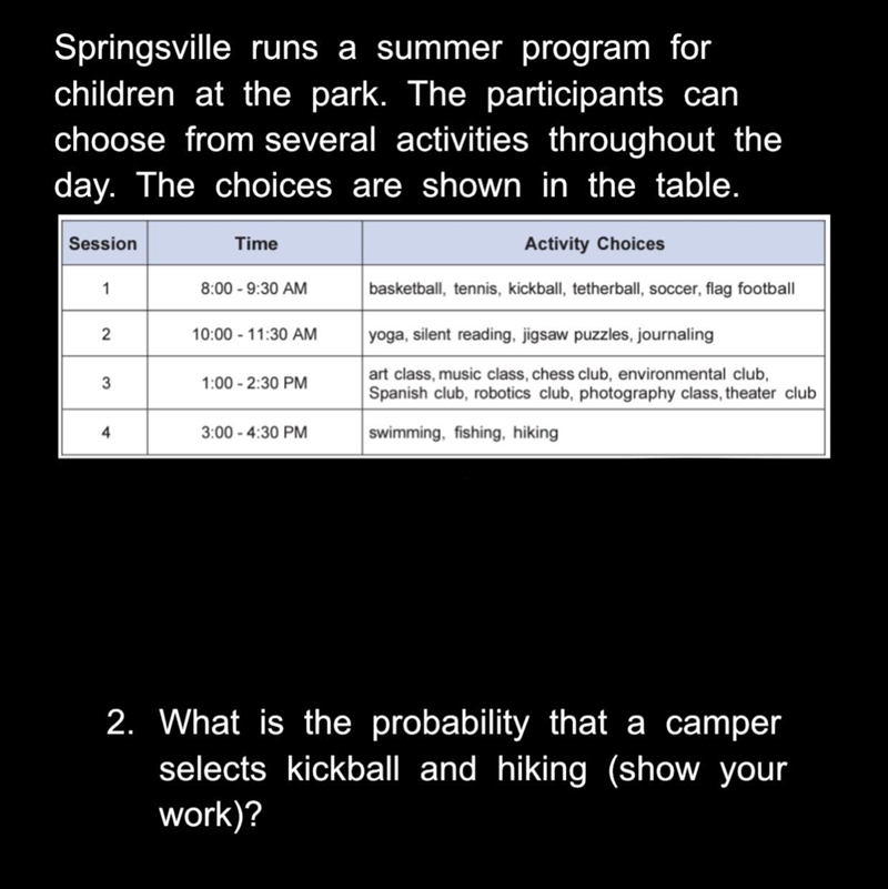 Springsville runs a summer program for children at the park. The participants can-example-1