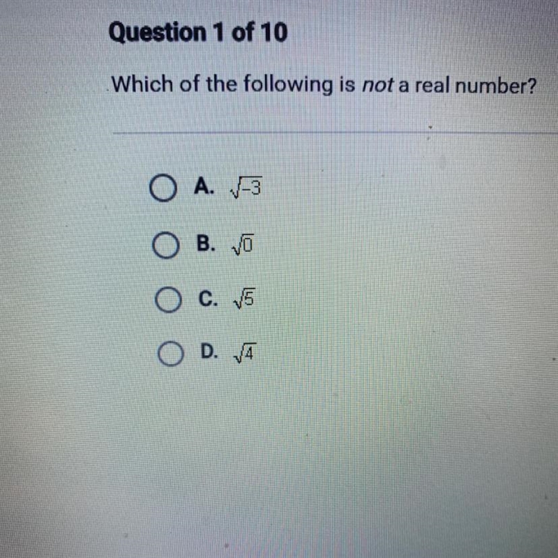 Which of the following is not a real number?-example-1