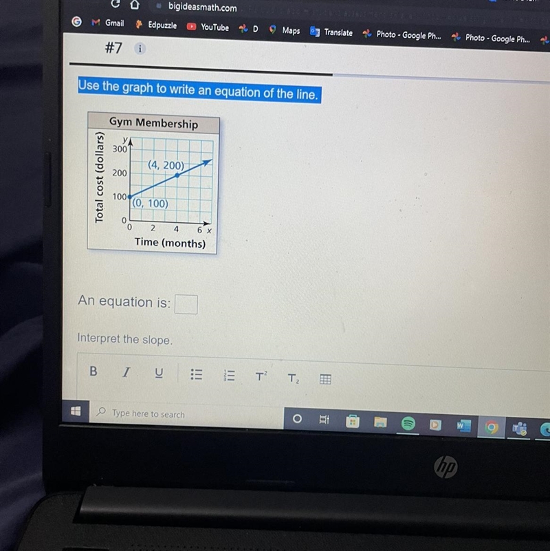 Use the graph to write an equation of the line. Total cost (dollars) Gym Membership-example-1