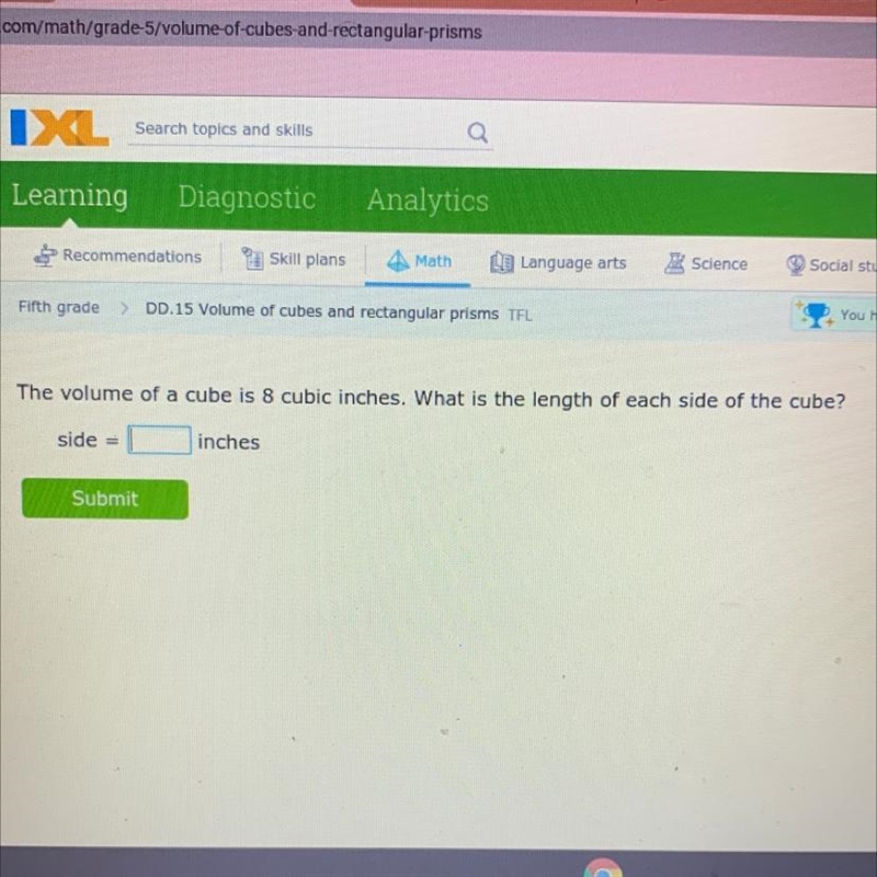 The volume of a cube is 8 cubic inches. What is the length of each side of the cube-example-1