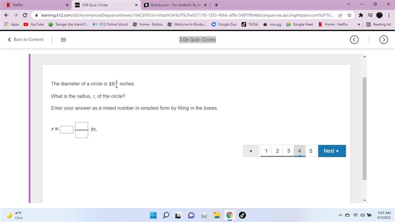 The diameter of a circle is 10 3/4 inches. What is the radius, r, of the circle? Enter-example-1